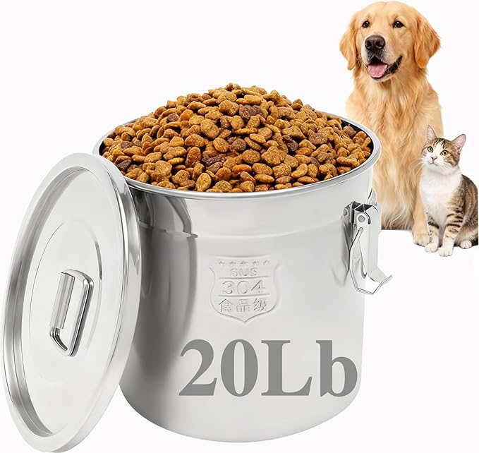 20 Lbs Stainless Steel Dog Food Storage Containers with Airtight Lid and Locking Clamp, Large Metal Dog Food Bin, Pet Food Storage Container for Dogs, Cats & Birds, Keep Fresh