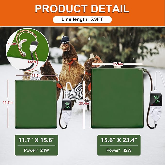 Chicken Heating Pad Chick Brooder Pad Poultry Heated Mat Adjustable Digital Thermostat Brood Heater Blanket with Timer Anti Bite Warmer Bed for Small Animal Pet 15.7 x 23.6 in Green