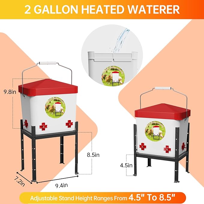 Nexum 2 Gallon Heated Chicken Waterer - Outdoor Unfrozen Poultry Drinker for Winter with 4 Nipples and Adjustable Stand Automatic Chicks Water Bucket (Red, 2 Gallon)