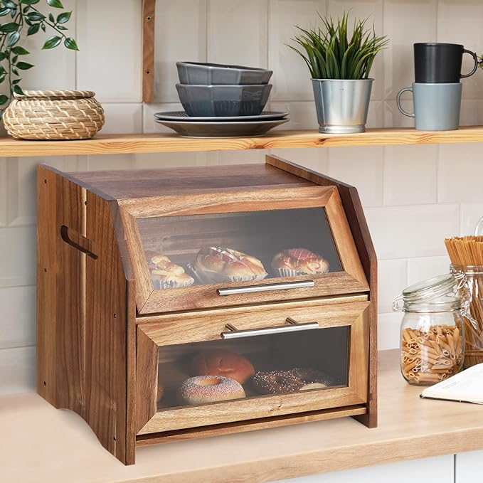 Garvee Double Layer Bread Box – Acacia Wood Bread Bin with Clear Acrylic Door & Air Vents, Rustic Countertop Bread Storage Container for Homemade Bread, Bagels, Muffins (Brown & Silver)