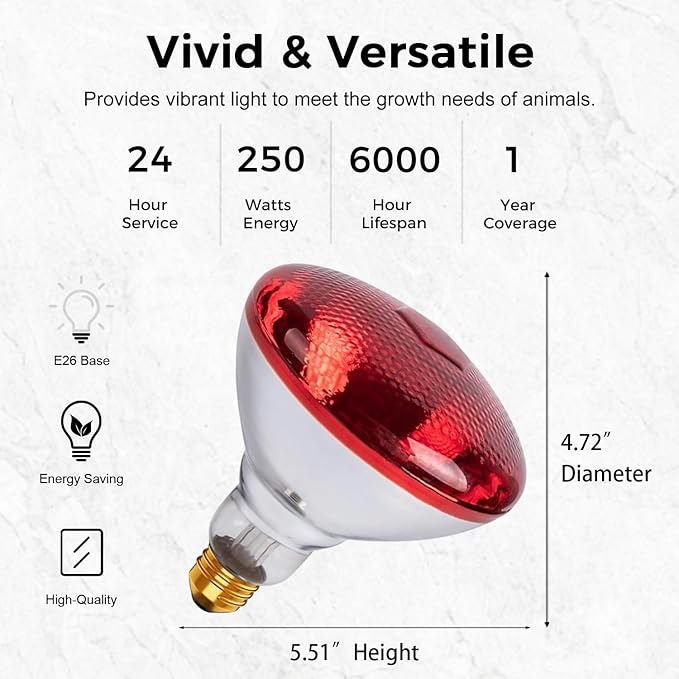 Infrared Heat Lamp for Chickens, 250 Watts Red Heat Lamp Bulb, Heat Light Bulb for Brooder Coop, Food Service, Chicks, Pet, Reptile, 2 Pack