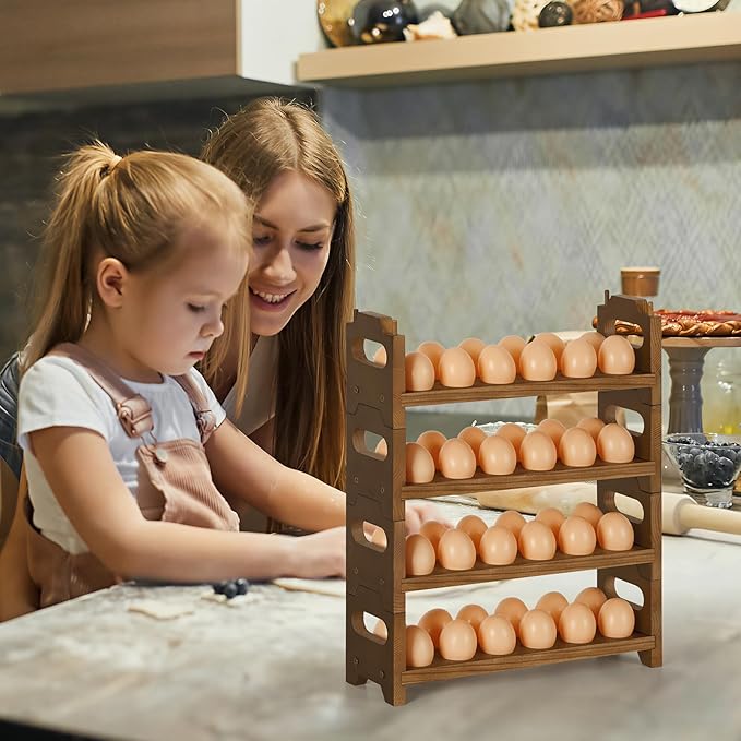 Wooden Egg Holder Countertop Fresh Chicken Egg Holders Storage for Gathering Fresh Eggs, 4-Tier Stackable with 48 Eggs, Farmhouse Home Eggs Rack Organizer Decoration