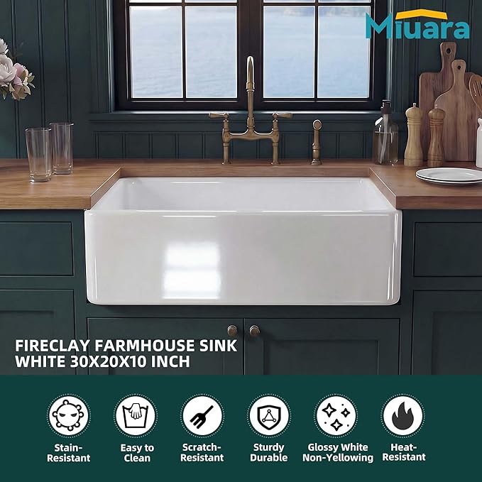Miuara Farmhouse Sink 30 Inch - White Apron Front Undermount Kitchen Sink Reversible 30"x20"x10", Farm House Style Deep Single Bowl, Heavy Duty Solid Fireclay, Glossy White, for Kitchen
