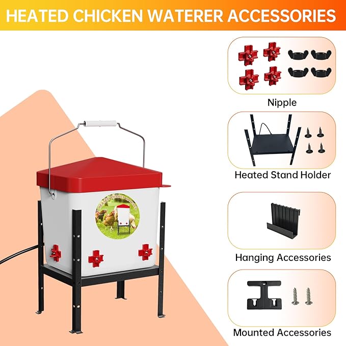 Nexum 2 Gallon Heated Chicken Waterer - Outdoor Unfrozen Poultry Drinker for Winter with 4 Nipples and Adjustable Stand Automatic Chicks Water Bucket (Red, 2 Gallon)