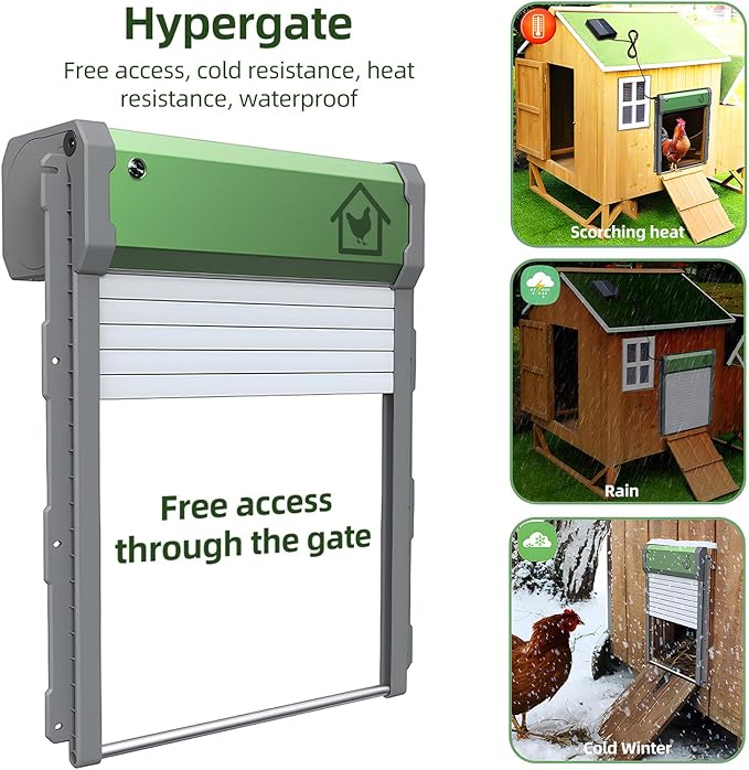 Ymiko Automatic Chicken Coop Door, Solar Powered Chicken Door with Timer Light Sensor Remote Control Manual Mode, with Anti Pinch Design for Poultry Safety