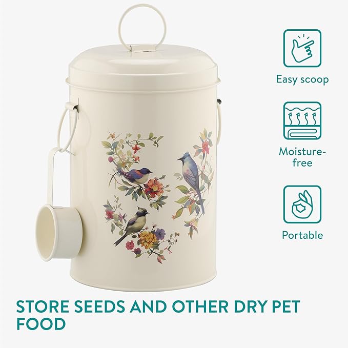 Navaris Bird Seed Storage Container - Metal Pet Food Box with Lid & Handles - Includes Handy Scoop - Outdoor Containers for Birdseed, Chicken Feed, & More - Cream with Bird Design