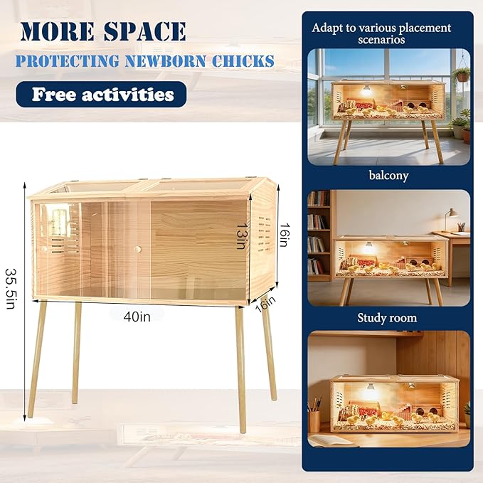 Brooder Box for Chicks,with Sliding Door,Table Legs,2 Types of Thermometer with Heat Lamp Set Suitable for Chicks/Duck/Parrot/Hamster (40"×15.7"×15.7")