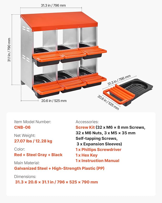 VEVOR 2 Tiers Chicken Nesting Boxes, 6 Compartments, Metal Egg Laying Boxes with Protective Collection Lids, Roll Out Nesting Box, Easy to Assemble, Ideal for Hens, Ducks, Chickens, and Other Poultry