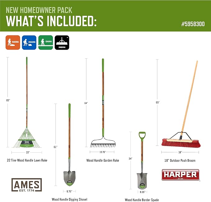 AMES 5-pc. New Homeowner Long Handle Tool Kit with Lawn Rake, Digging Shovel, Garden Rake, Border Spade, and Push Broom