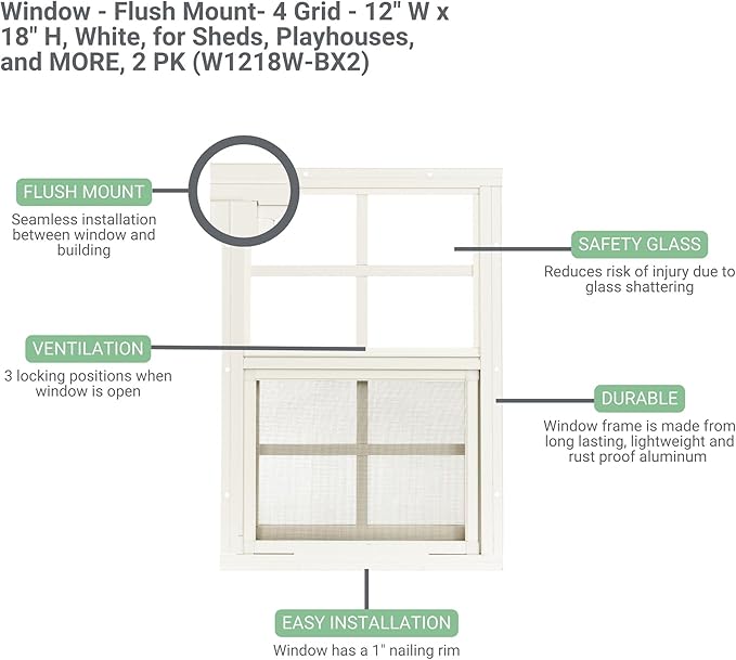 Shed Windows 12x18 (2-Pack) | Sliding Windows with Tempered Glass & Screens | Flush Mount, White Aluminum Frames for Sheds, Chicken Coops & Playhouses