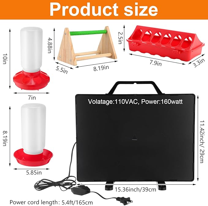 VIHOSE Chicken Coop Heater Chick Starter Kit Include 160w Adjustable Radiant Heat Panel 0.8 Gal Chicken Waterer and 2.9 Lbs Feeder and Chick Perch Flip Top Poultry Feeder