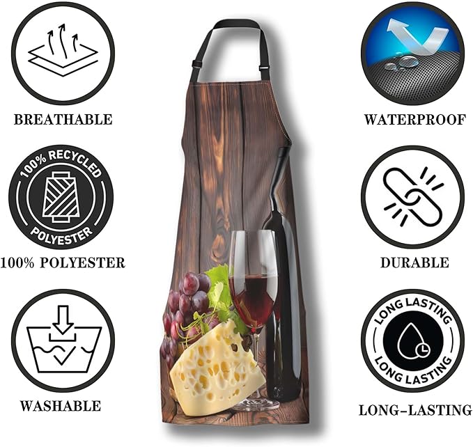 Garden Apron for Men Red Wine with Cheese Vintage Aprons for Women for Kitchen Cooking Restaurant BBQ Painting Crafting Gardening 27” (W) x 31” (H), Waterproof Apron