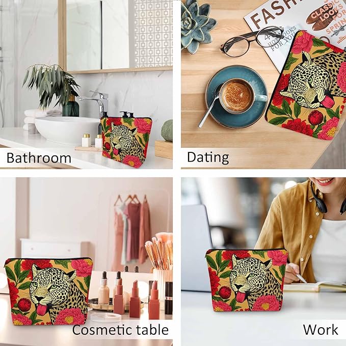 Woman Makeup Bag Leopard, Wildlife Leopard Panther Peonies Red Makeup Bags Travel Cosmetic Bags Toiletry Makeup Organizer Pencil Pouch Make Up Cosmetic Bag For Owners Lady Birthday Gifts