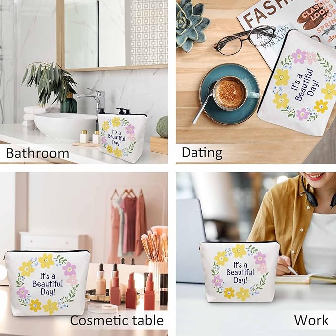 Makeup Bag Funny Quote Makeup Bags For Purse Pouch, Floral Wreath Travel Toiletry Bag Cosmetic Bag Makeup Bags Flax Makeup Organizer Bag Pencil Pouch For Man Woman It's A Beautiful Day