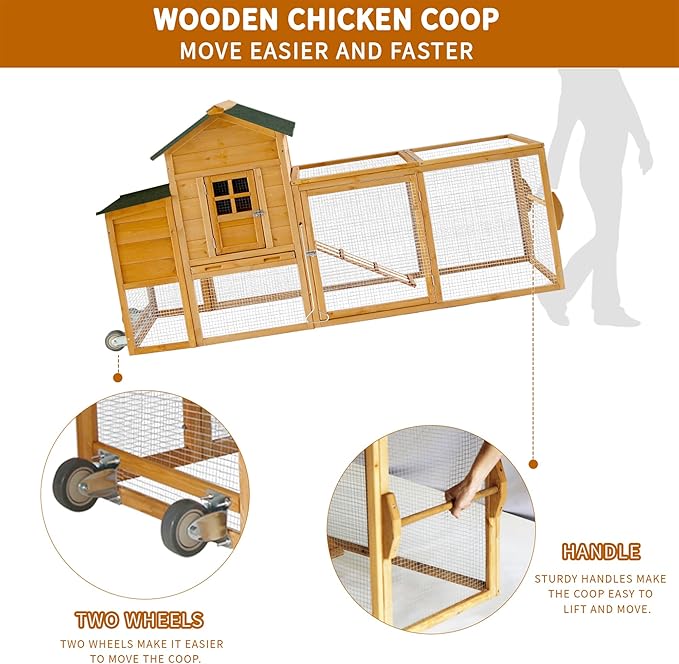 80’’ Large Chicken Coop with Wheels,Mobile Chicken House for 2-4 Chickens,Wooden Waterproof Hen House with Nesting Box,Run,Tray for Chicken Rabbit Duck