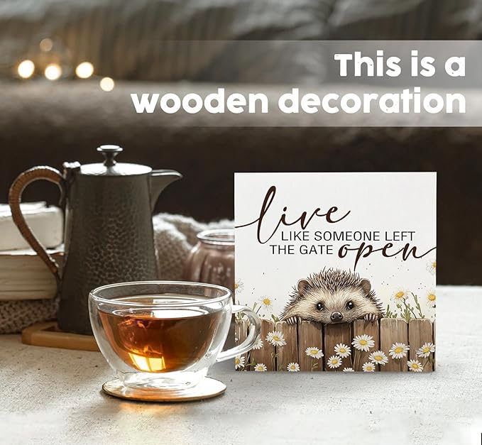 Hedgehog Wooden Box Sign -Rustic Farmhouse Live Like Someone Left the Gate Open Signs for Home Decor, Farm Cottagecore Animal Office Kitchen Bedroom Decor, Hedgehog Gifts for Women, 6x6