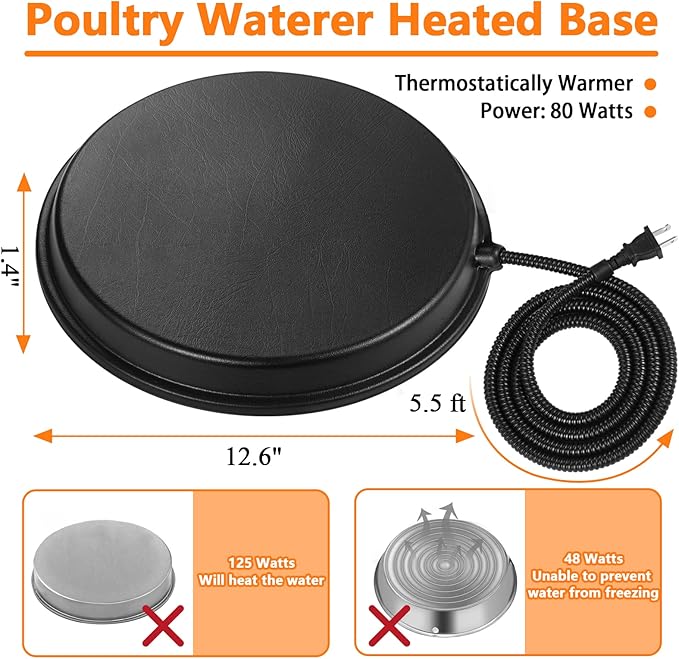 Poultry Chicken Water Heater - Water Heater Base for Winter, for Plastic/Metal Poultry Waterer, Thermostatically Controlled Heated Waterer for Chickens 80W,Chicken Coop Accessories