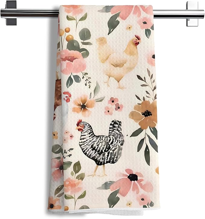 Chicken Kitchen Towels, Chicken Dish Towels, Chicken Gifts for Women, Chicken Mom Lady Gifts, Chicken Gifts for Chicken Lovers, Chicken Floral Hand Towels for Bathroom, 16x24 Inch