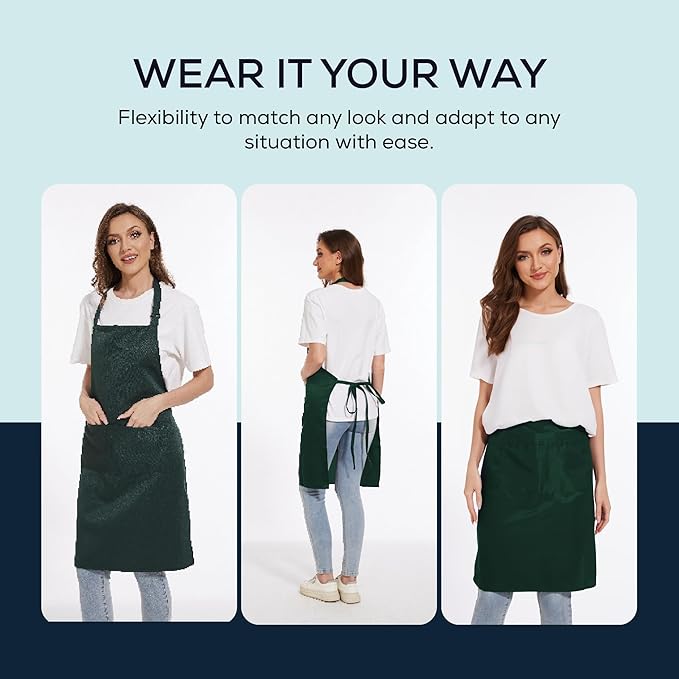 Will Well Kitchen Apron for Men and Women - 33" x 27" Oil-and-Water-Resistant with Adjustable Neck Strap and 38" Waist Ties for a Snug Fit, Lightweight with 2 Front Pockets - 1-Pack, Green