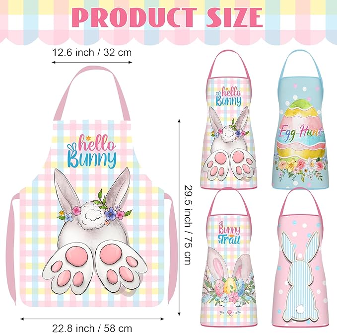 4 Pack 23x30 Inch Easter Bunny Eggs Aprons Buffalo Plaid Aprons Vintage Chef Bib Adjustable Washable Kitchen Aprons(Vivid Style)