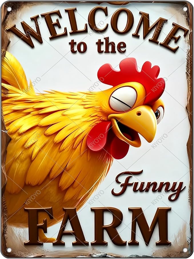 Funny Sign Rooster Decor Welcome To The Funny Farm Rustic Tin Sign for Home Farm Chicken Coop Decor 16x12 Inch