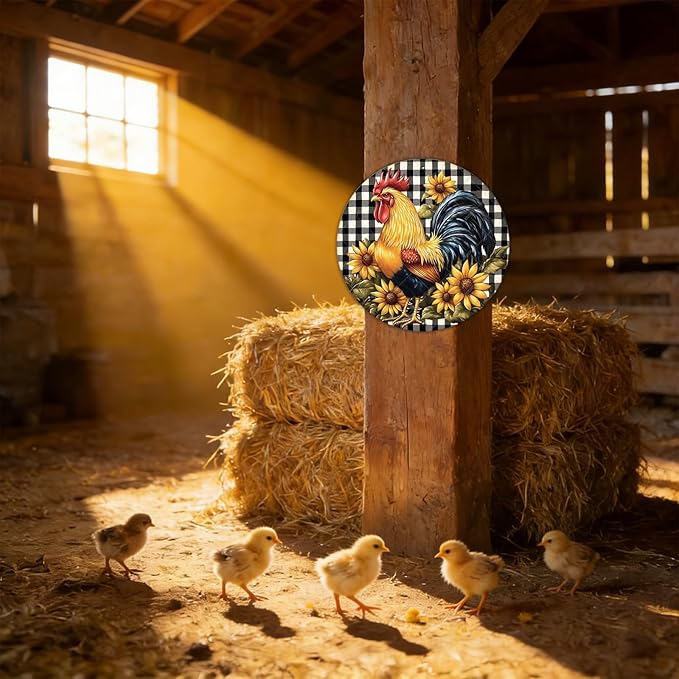 Round Chicken Sign Metal Tin Sign Rustic Plaque Rooster Chicken Farm Wall Art Suitable for Home Garden Kitchen Bar Cafe Restaurant Garage Wall Decor Retro Vintage 8 Inch