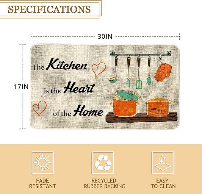 Roszwtit Farmhouse Kitchen Rugs and Mats, The Kitchen is The Heart of The Home Door Mat, Seasonal Washable Non-Slip Floor Mats for Home Kitchen Decor 30x17 Inch