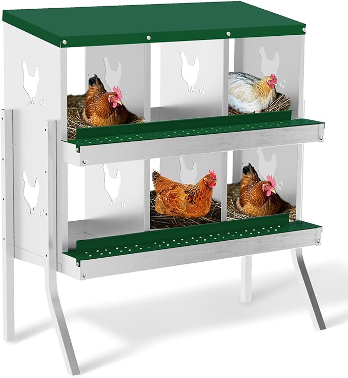 Chicken Nesting Boxes, 6-Compartment Metal Egg Laying Box with Swing Perch and Secure Lid – Versatile Wall Mount or Free Standing Suitable for Various Chicken Breeds - Green with Leg