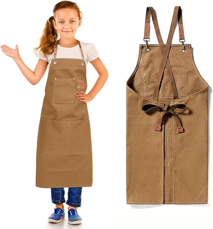 Unisex Aprons with Large Pockets,Cotton Canvas Cross Back Heavy Duty Adjustable Work Apron,Size Kids to Adult