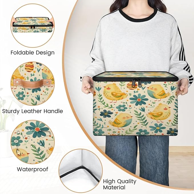 Storage Cubes with Lid Fabric Storage Bins Boxes PU Leather Handles, Farmhouse Chicken Closet Organizer Container Foldable Washable Shelf Cloth Basket, Vintage Farm Chicken