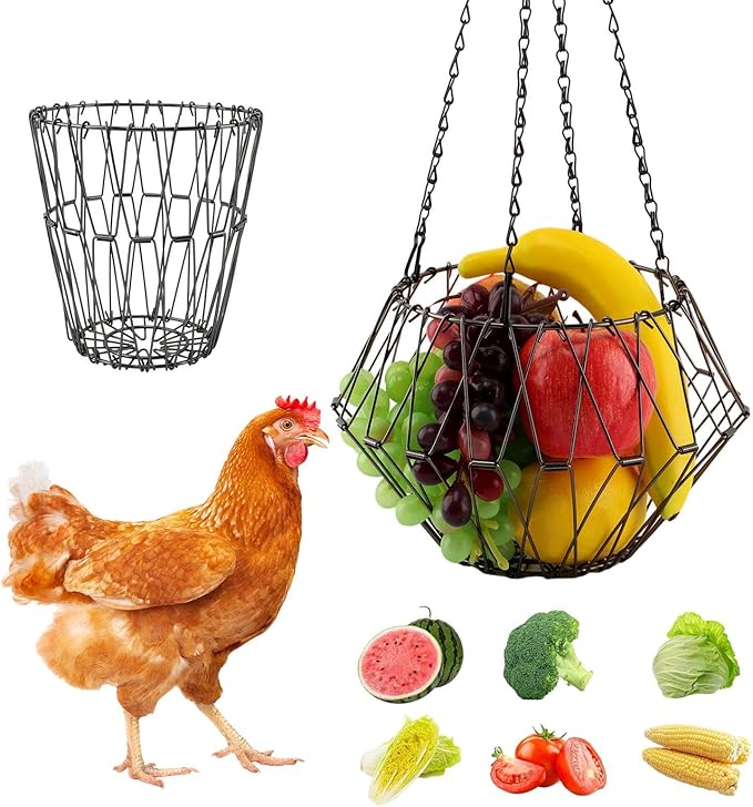 Hanging Chicken Feeder, 9.2 inches Large Poultry Vegetable Fruits Feeder Basket with 4Pcs Hanging Stainless Chain, Veggie Treat Ball for Chicken,Hens,Duck,Rabbit Coop(Size:1pc)
