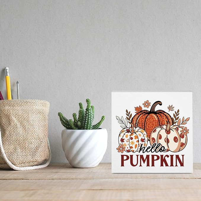 Fall Decorations for Home Farmhouse Office Bedroom Living Room, Pumpkins Decor, Hello Pumpkin Sign, Autumn Decor Wood 2401