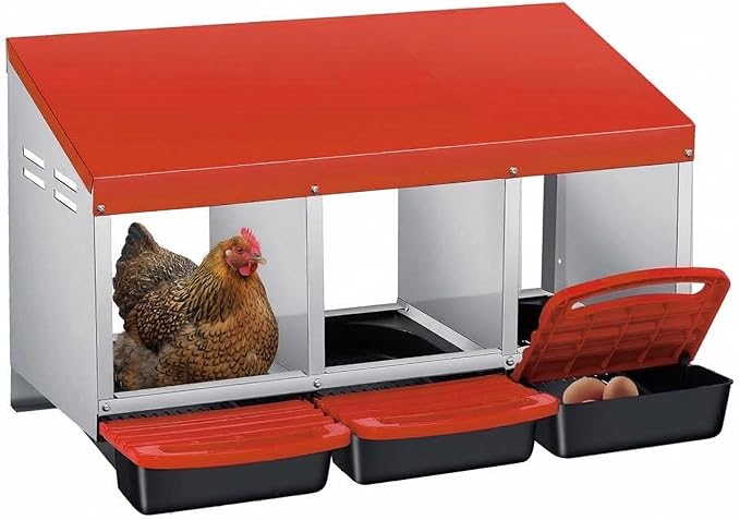 Chicken Nesting Boxes with Rollout Egg Collection – 3-Compartment Metal Hen Nest Box with Removable Trays, Slanted Roof & Ventilation, Wall Mount or Standing for Backyard Poultry Coop, Orange