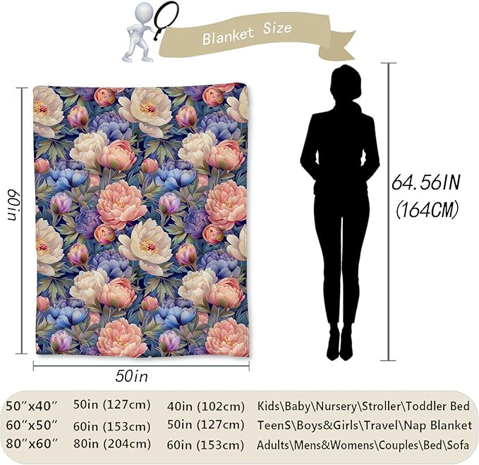 Elegant Peony Blanket, Soft Lightweight Flannel Pink and Purple Floral Throw for Couch, Bed, Travel, Living Room & Home Decor, Cozy Warm Fuzzy Blankets for Adults Women Girls 80×60 in