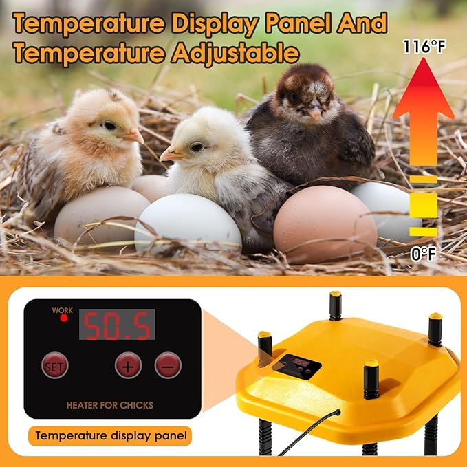 16 * 16inch Chick Brooder Heater Plate with Temperature Adjustable and Display,Adjustable Height & Angle Brooder Box for Baby Chicks Quail Duckling Chicken Heat Warmer Lamp Poultry Habitat Supplies
