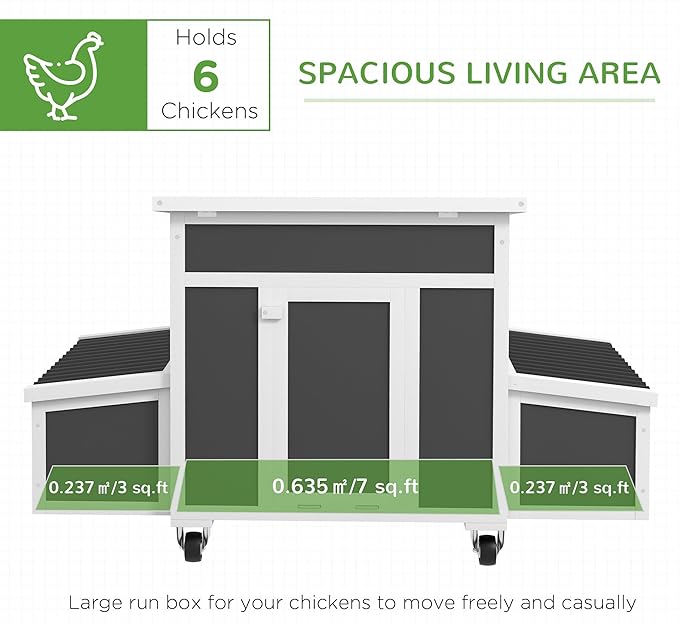 PawHut Wooden Chicken Coop, Chicken Tractor for 6 Chickens, Outdoor Poultry Cage Rabbit Hutch Duck Coop Hen House with Nesting Box, Tray, Windows, Dark Gray
