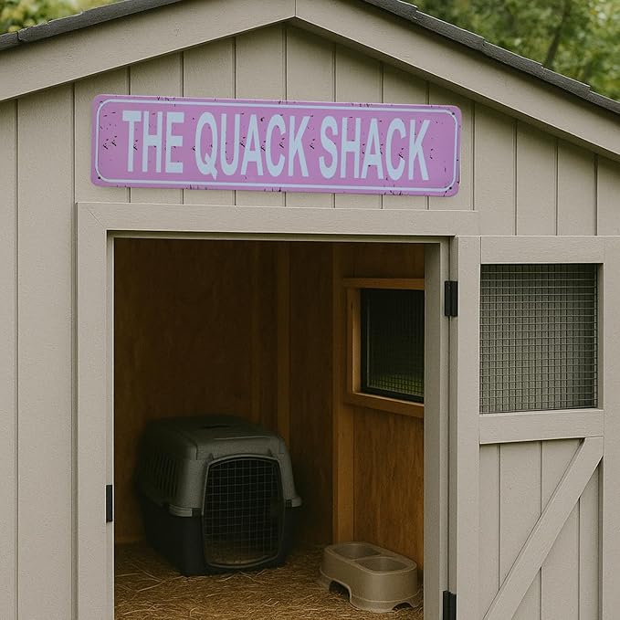 Quack Shack Retro Metal Tin Sign - Duck Waterfowl Chicken Coop Decor, Rustic Street Sign, Door Name Plate Plaque for Farmhouse Pub, Bar, Home Wall Art 16x4 Inch (pink)