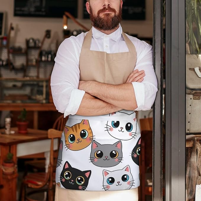 Unisex Apron for Cooking Server Waitress Half Waist Apron with 3 Pockets