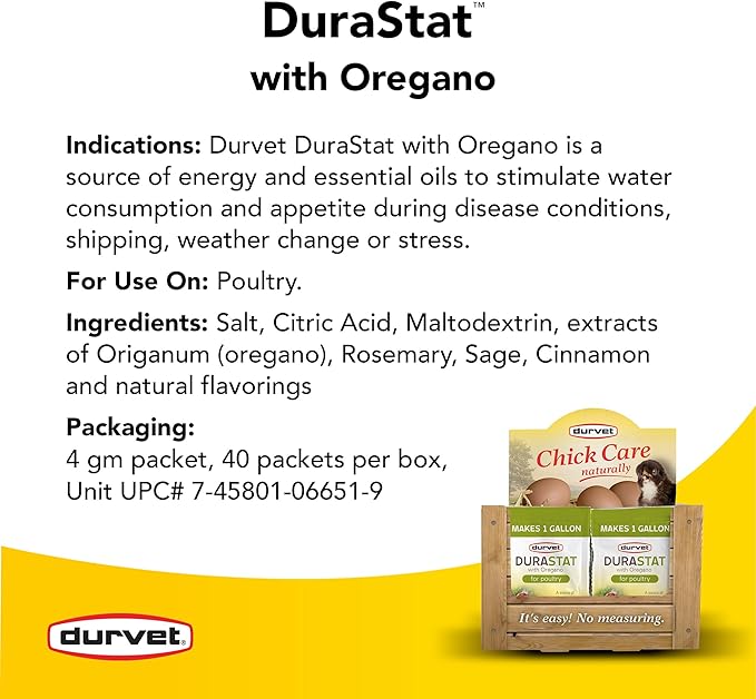 Durvet DURASTAT with Oregano for Poultry - 4gm Packet, Box of 40 Packets