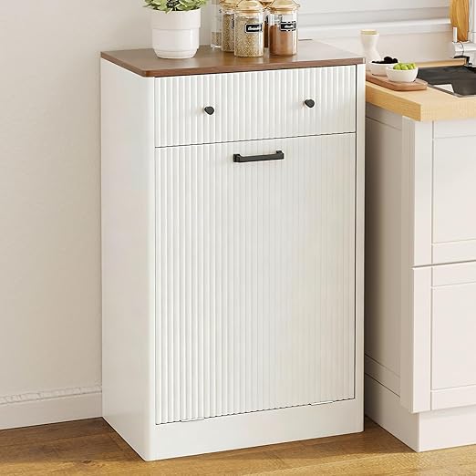 Single 10 Gallon Wood Grain Tilt-Down Trash Can Cabinet with Storage Drawer,Wood Grooved Recycling Cabinet with Wave Texture Hidden Pull-Out Trash Can for Kitchen,Bathroom (Trash Can Cabinet-White)