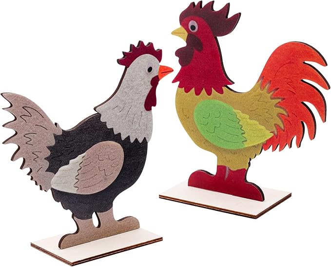 2pcs Easter Chicken Decoration for Home Farmhouse Rooster Decor Chicken Party Decoration Wooden Sign Wood Cutout Ornament Hen Craft Table Kitchen Garden Tiered Tray