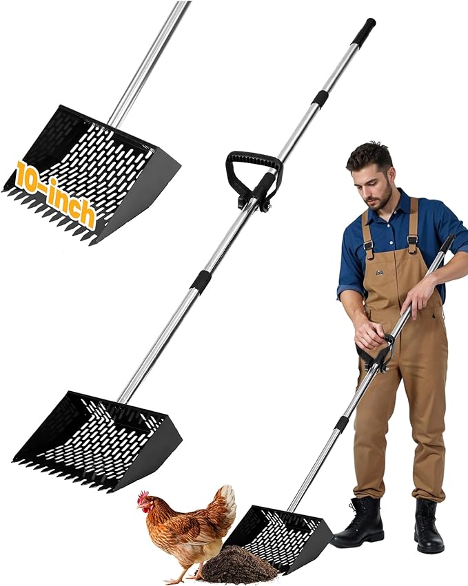 Chicken Poop Scooper & Rake 2-in-1 with Ergonomic Grip, Adjustable Length (22"–61.5"), Metal Sifting Shovel with Holes for Chicken Coop Cleaning, Multifunctional Chicken Manure Scoop