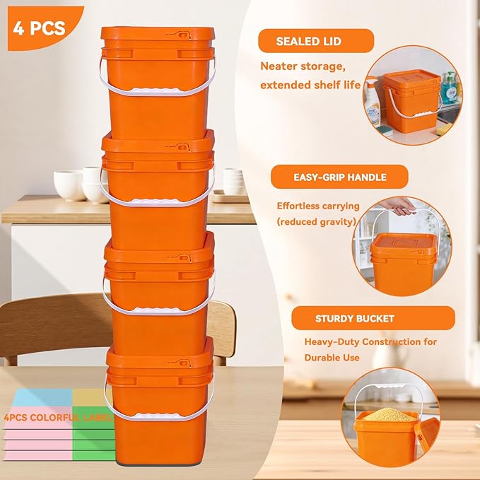Food Storage Buckets with Lids - 4 Set Square Clear Plastic Containers, Airtight Pressure Seal & Handle for Kitchen Freezer Prep (Orange, 1.3 gal)
