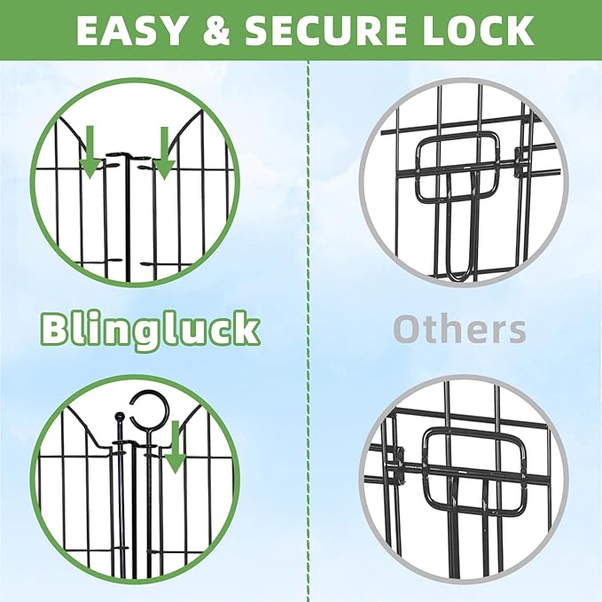 Decorative Metal Garden Fence with Gate Lock 10 Panels, 24in (H) x 20ft (L) No Dig Dog Fence Outdoor for Yard, Temporary Rustproof Metal Wire Rabbit Dog Garden Border Fencing for Patio