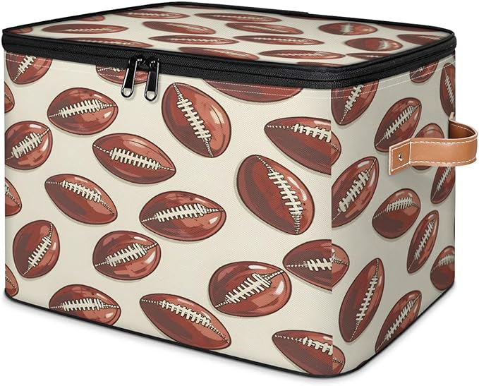 Storage Cubes with Lid Fabric Storage Bins Boxes PU Leather Handles, Sports Rugby Closet Organizer Container Foldable Washable Shelf Cloth Basket, Rugby Balls