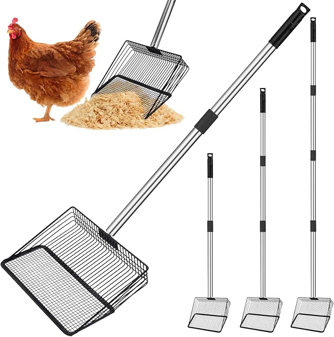 BABORUI 10Inch Large Chicken Poop Scooper, Adjustable Litter Scooper for Chicken, Detachable Stainless Steel Chicken Coop Cleaning Tools, Heavy Duty Poop Shovel for Chicken Coop Accessories