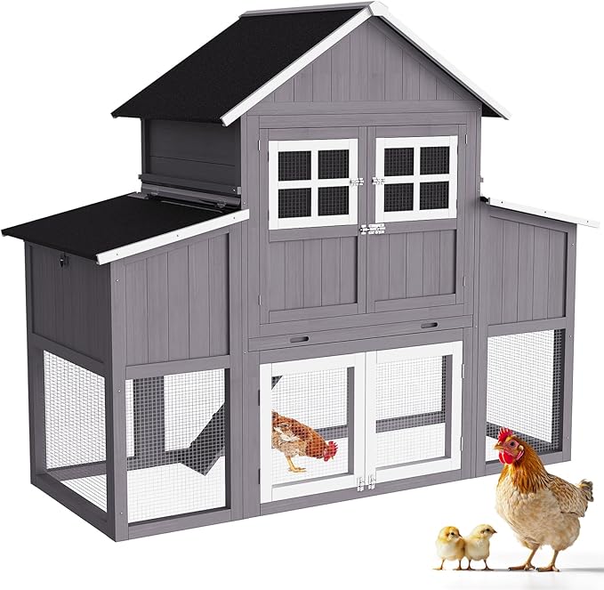 69.5''L Chicken Coop, Extra Large Poultry Cage for 6-10 Chickens, Outdoor Hen House Design with 2 Nesting Box, Weatherproof Roof and Leakproof Pull-on Tray, Easy to Install＆Clean(Gray)
