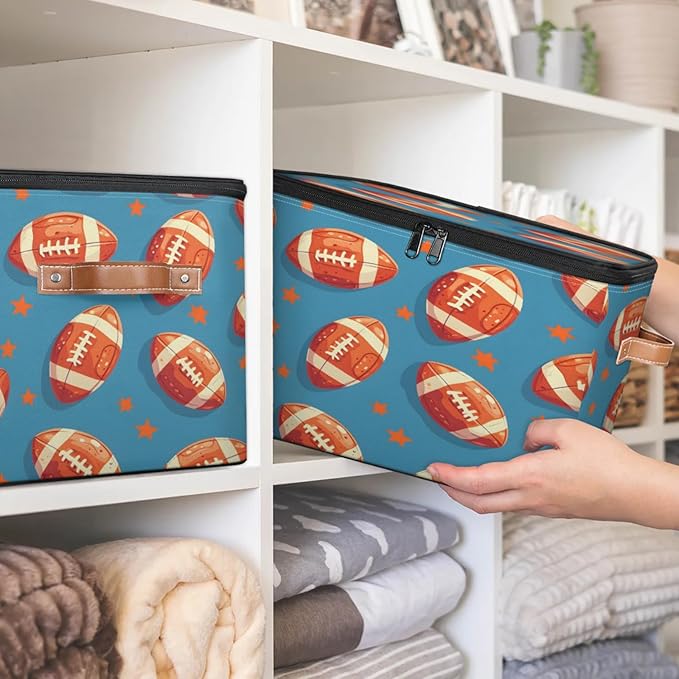 Storage Cubes with Lid Fabric Storage Bins Boxes PU Leather Handles, American Football Closet Organizer Container Foldable Washable Shelf Cloth Basket, Rugby Balls Sport