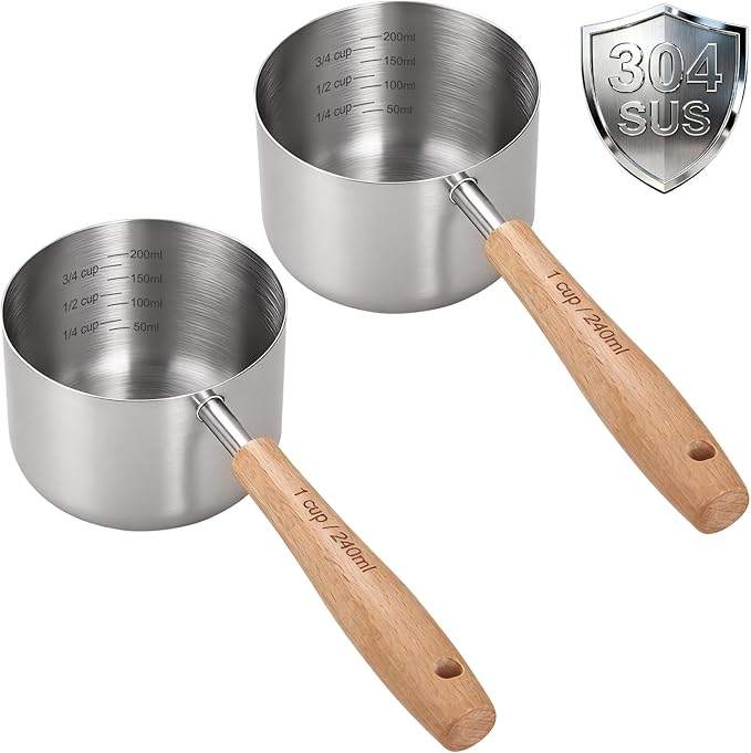 2PCS 1Cup(240ml | 8oz) Dog Cat Food Scoop, 18/8(304) Stainless Steel Measuring Cup with Wooden Handle, Etched Measurements Inside, BPA Free Portion Control for Pets & Kitchen Use