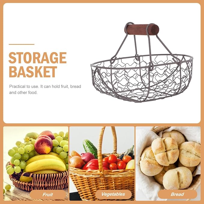 Zerodeko Egg Basket - Egg Collecting Basket Vintage Style Storage with Wooden Handle Round Metal Fruit Collecting Flower Arangment for Home Countertop Holder Container